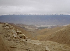 Snow clad peaks at the distance as seen from Panamik.